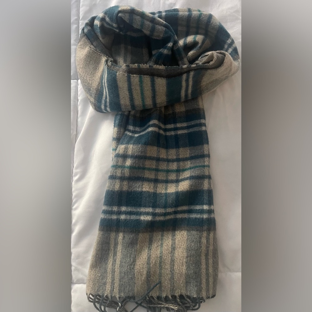 Ted Baker London Men’s Plaid Scarf Aqua Tan Fringe Soft Warm Designer Winter
